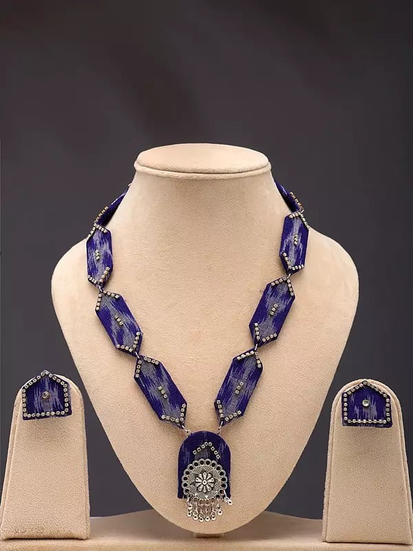exotic india Stone Studded Handloom Sambalpuri Fabric Long Necklace and Earrings Set 