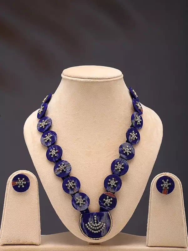 exotic india Stone Studded Handloom Sambalpuri Fabric Long Necklace and Earrings Set 