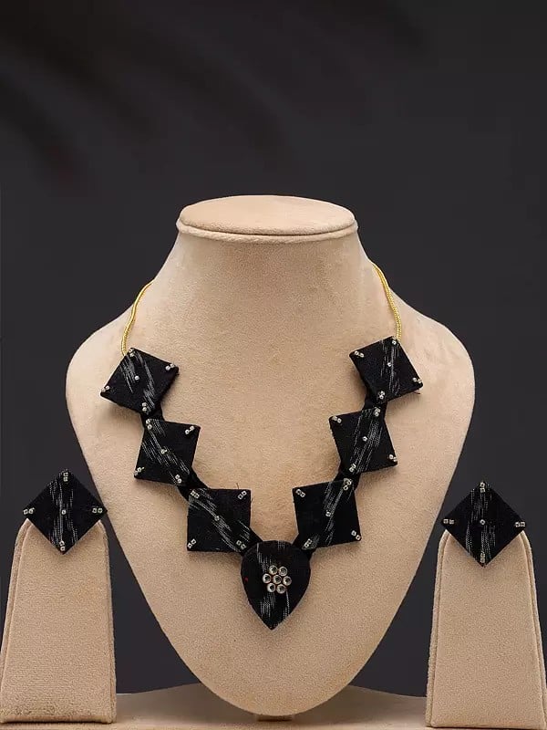 exotic india Stone Studded Handloom Sambalpuri Fabric Necklace Set with Earrings 