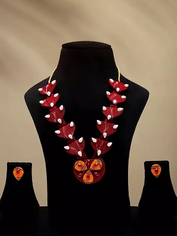 exotic india Stone Studded Handloom Sambalpuri Fabric Necklace Set with Earrings 