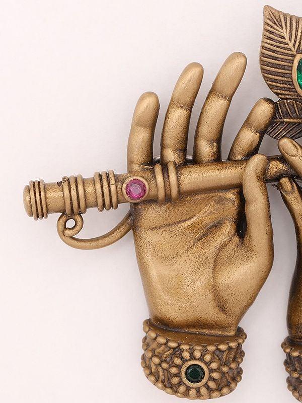 Exotic India Stone Studded Krishna's Flute Brass Brooch 