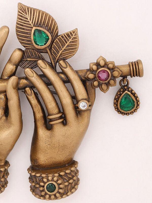 Exotic India Stone Studded Krishna's Flute Brass Brooch 