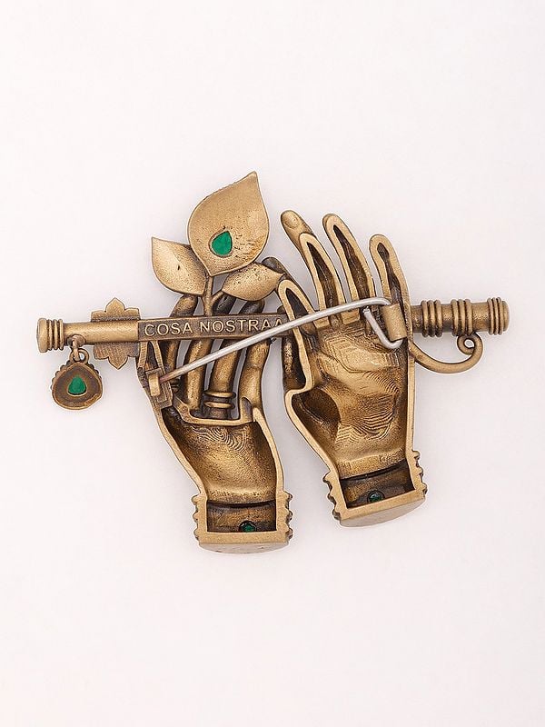 Exotic India Stone Studded Krishna's Flute Brass Brooch 