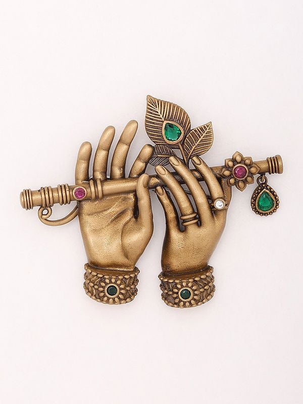 exotic india Stone Studded Krishna's Flute Brass Brooch 