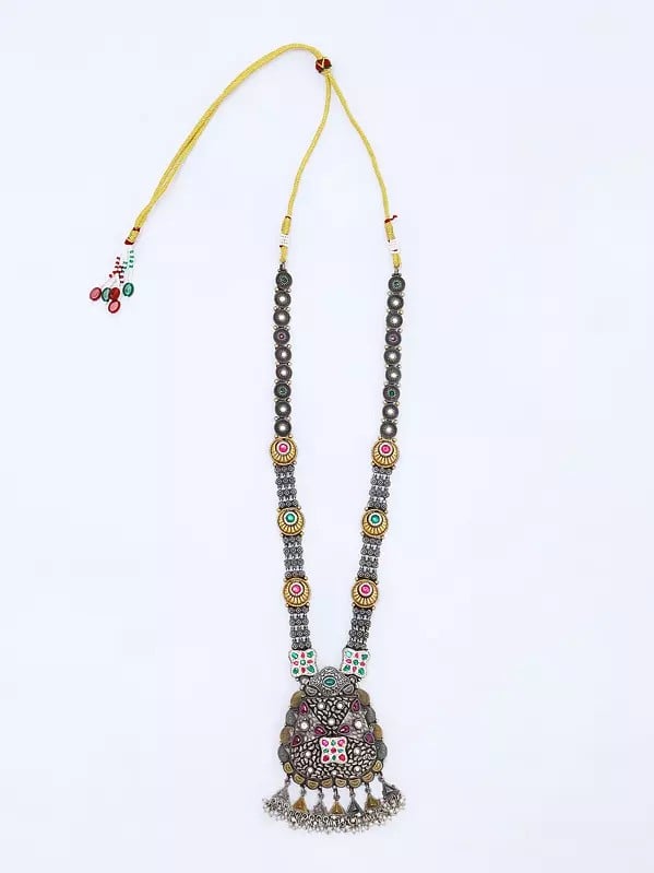 Exotic India Stone Studded Long Necklace With Earrings Set 