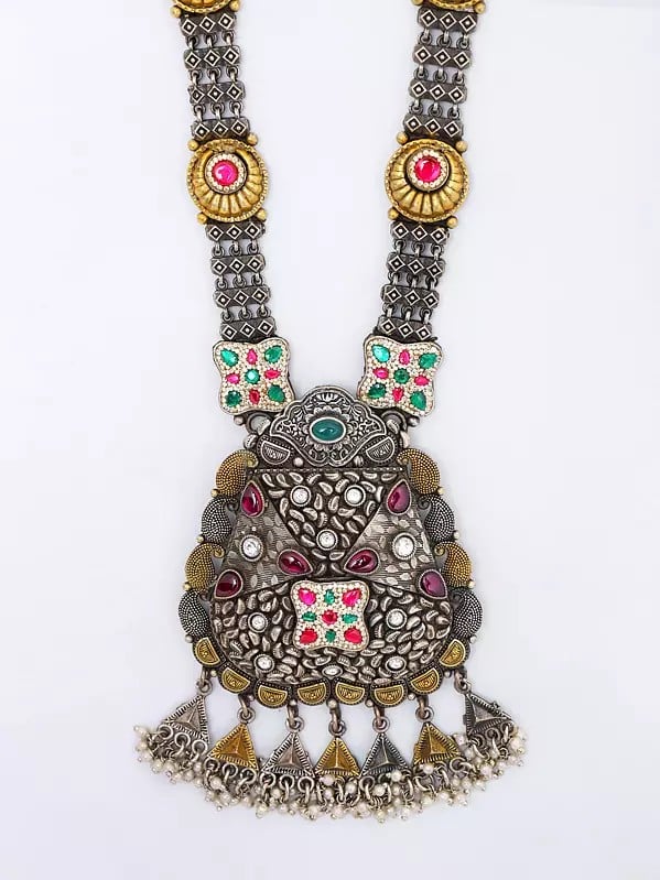 Exotic India Stone Studded Long Necklace With Earrings Set 