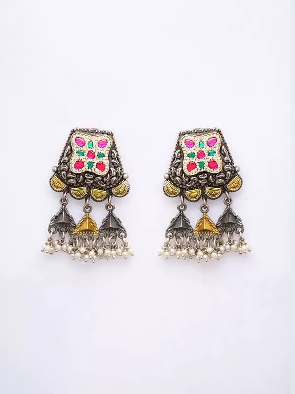 Exotic India Stone Studded Long Necklace With Earrings Set 