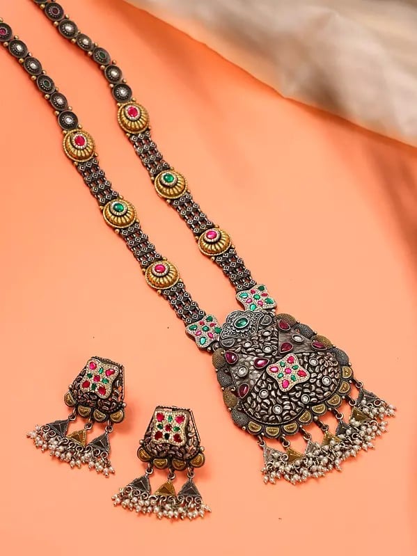exotic india Stone Studded Long Necklace with Earrings Set 