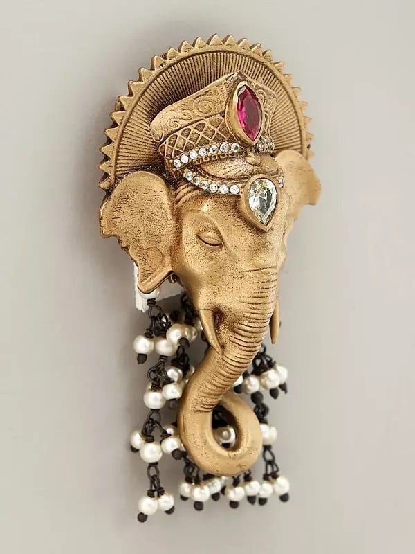 Exotic India Stone Studded Lord Ganesha Brooch With Dangling Beads 