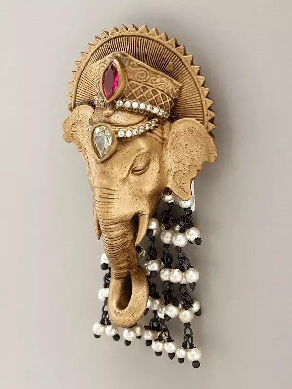 Exotic India Stone Studded Lord Ganesha Brooch With Dangling Beads 