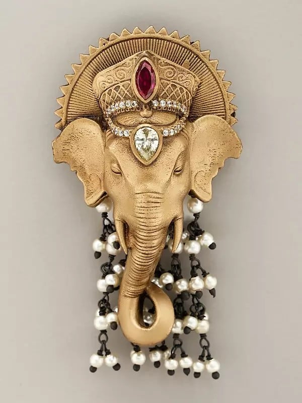 exotic india Stone Studded Lord Ganesha Brooch with Dangling Beads 