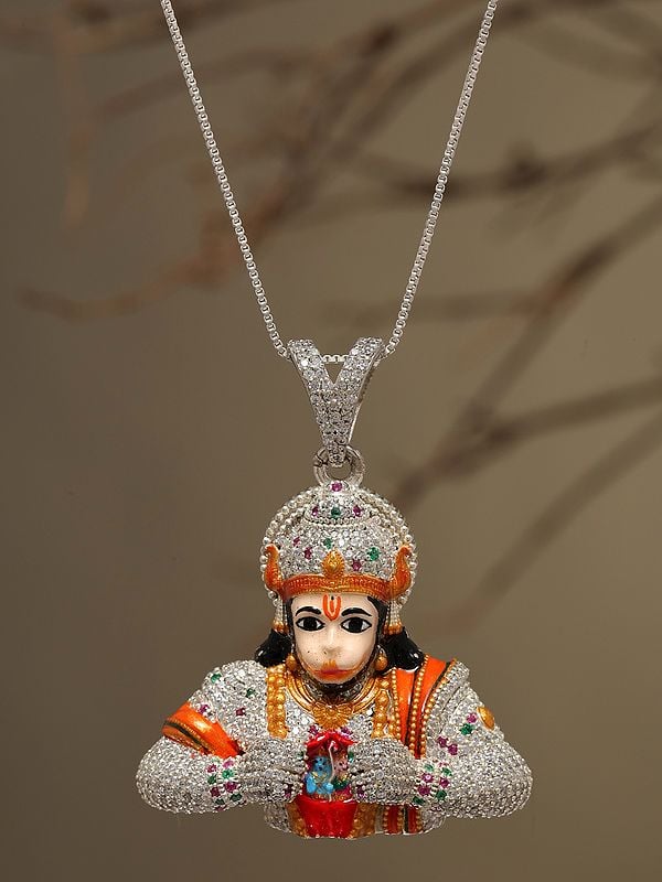 Exotic India Stone Studded Lord Hanuman Tearing His Chest To Reveal Rama And Sita Pendant 
