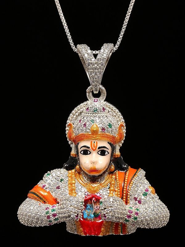 exotic india Stone Studded Lord Hanuman Tearing His Chest to Reveal Rama and Sita Pendant 