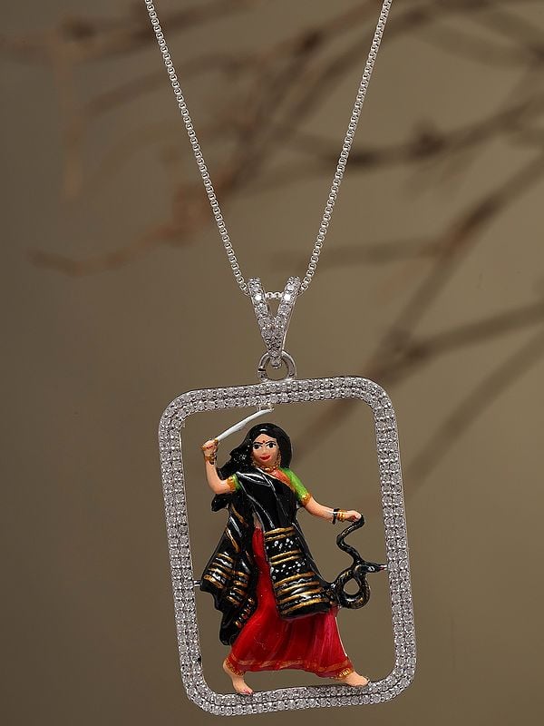 Exotic India Stone Studded Mogal Maa Sterling Silver Pendant (Rare Goddess Of India)
