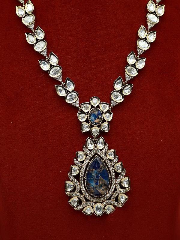 Exotic India Stone Studded Moissanite Kundan Embellished Necklace With Matching Earrings