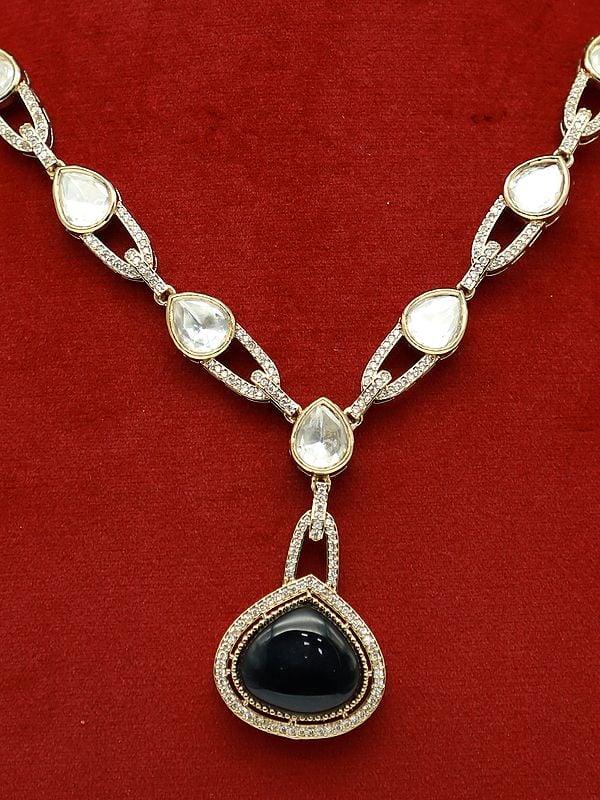 Exotic India Stone Studded Moissanite Kundan Exquisite Necklace With Matching Earrings
