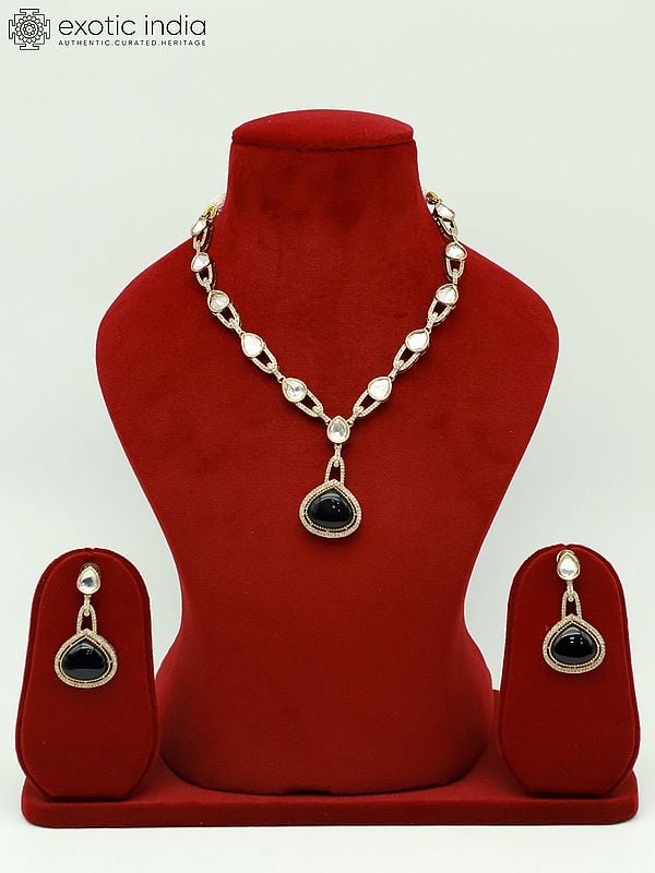 exotic india Stone Studded Moissanite Kundan Exquisite Necklace With Matching Earrings 