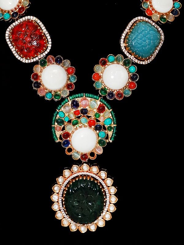 Exotic India Stone Studded Multi Emerald Necklace Set With Earrings | Indian Fashion Jewelry