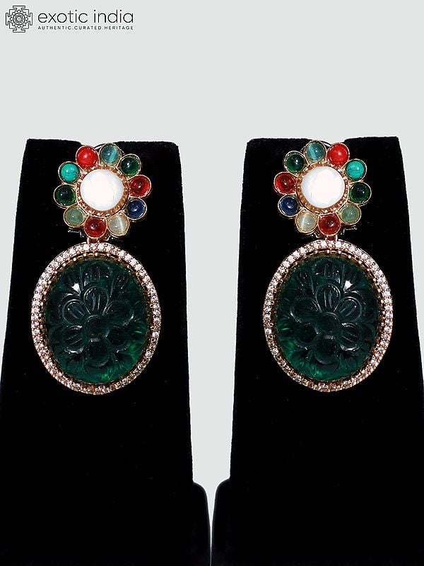 Exotic India Stone Studded Multi Emerald Necklace Set With Earrings | Indian Fashion Jewelry