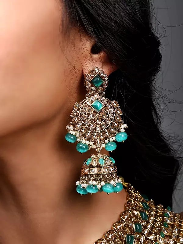 Exotic India Stone Studded Necklace Set With Earrings And Mangtika With Drop Beads