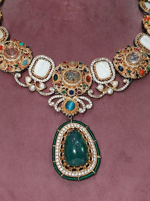 Exotic India Stone Studded Necklace Set With Earrings | Indian Fashion Jewelry
