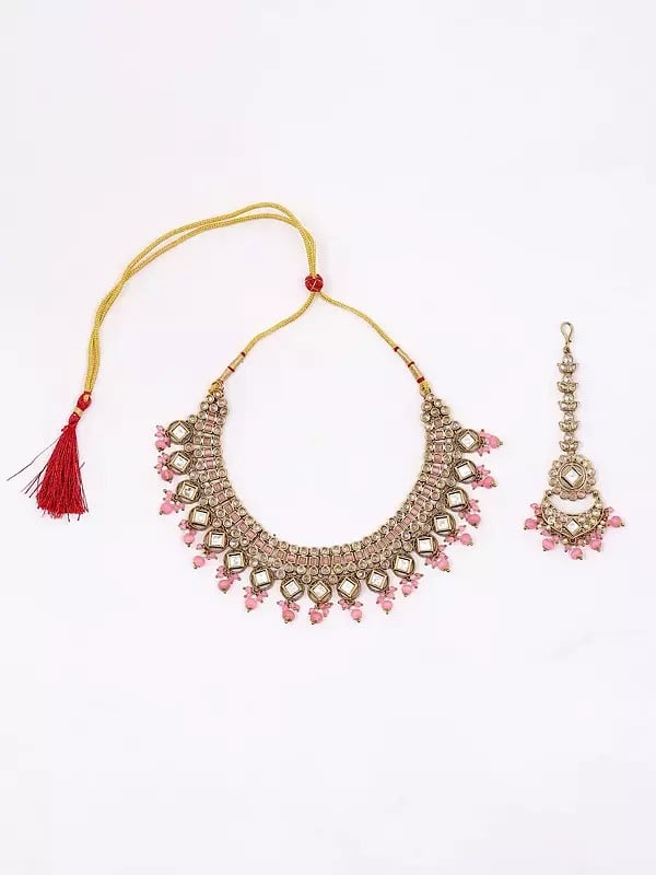 Exotic India Stone Studded Necklace With Earrings And Mangtika Set With Beads Drop 