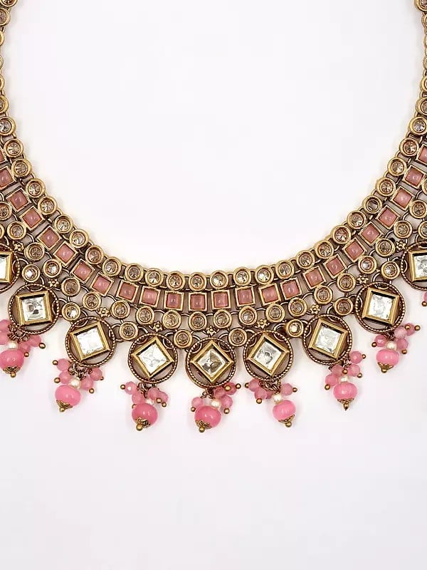 Exotic India Stone Studded Necklace With Earrings And Mangtika Set With Beads Drop 