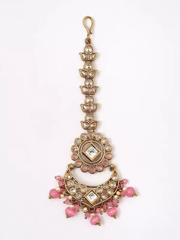Exotic India Stone Studded Necklace With Earrings And Mangtika Set With Beads Drop 