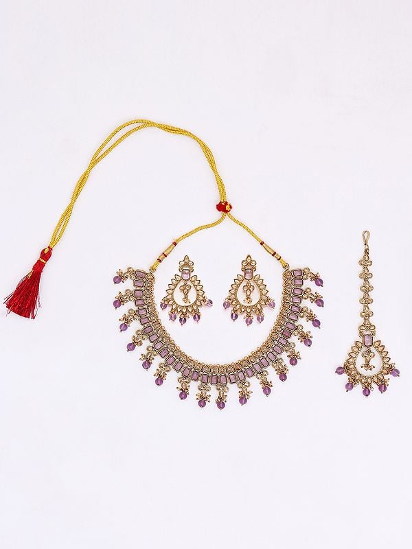 Exotic India Stone Studded Necklace With Earrings And Mangtika Set With Drop Beads 