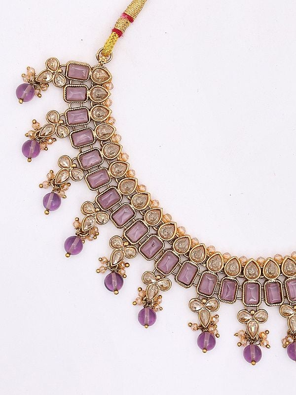 Exotic India Stone Studded Necklace With Earrings And Mangtika Set With Drop Beads 
