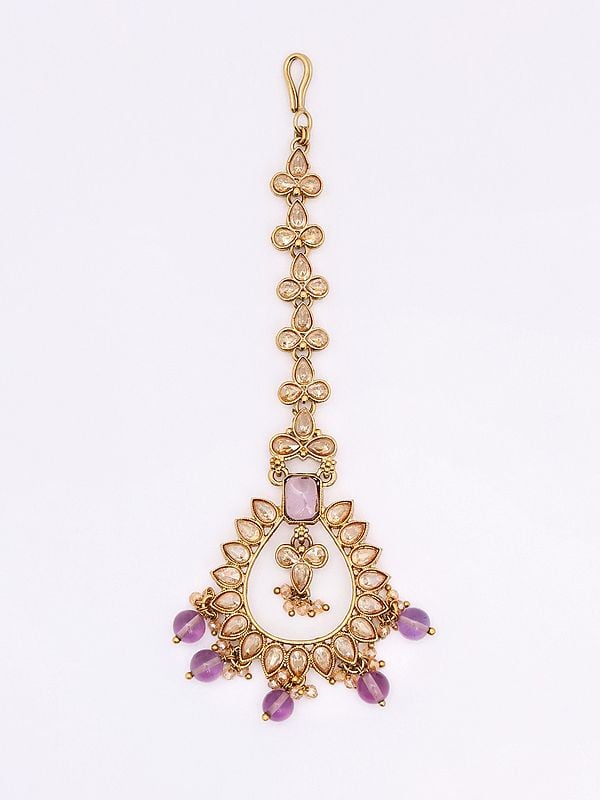 Exotic India Stone Studded Necklace With Earrings And Mangtika Set With Drop Beads 