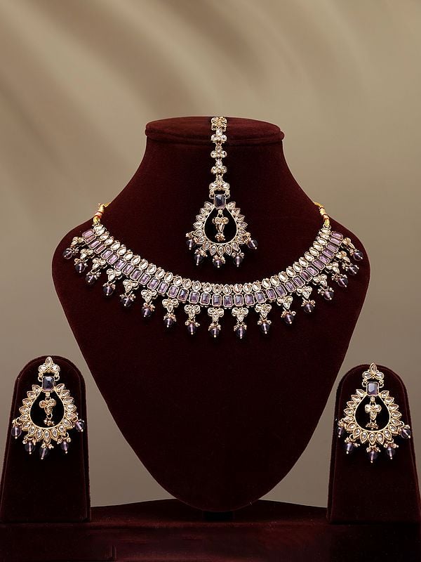 exotic india Stone Studded Necklace with Earrings and Mangtika Set with Drop Beads 