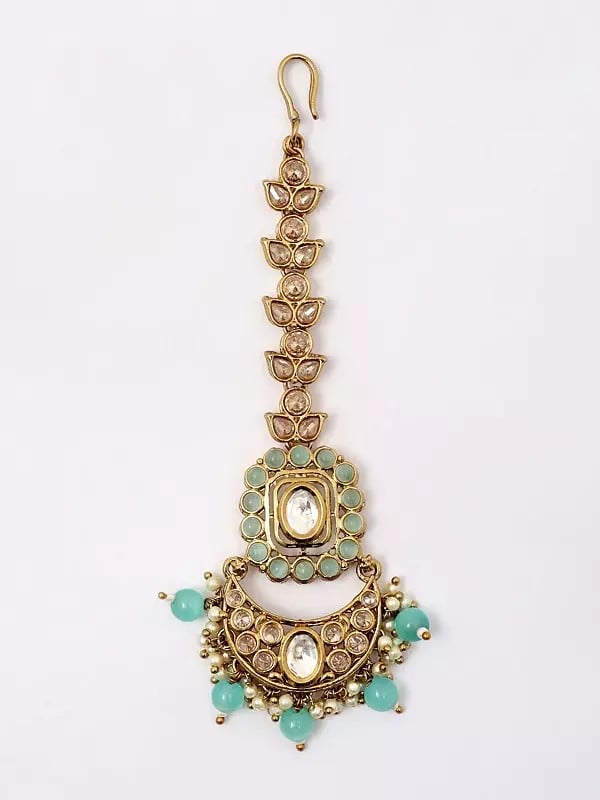 Exotic India Stone Studded Necklace With Earrings And Mangtika Set With Beads Drop