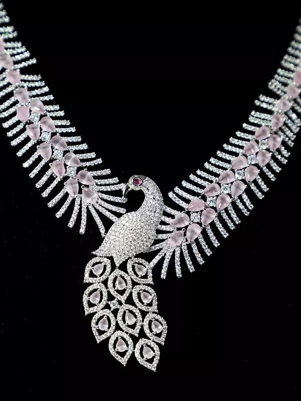 Exotic India Stone Studded Peacock Design American Diamond Necklace Set With Earrings 