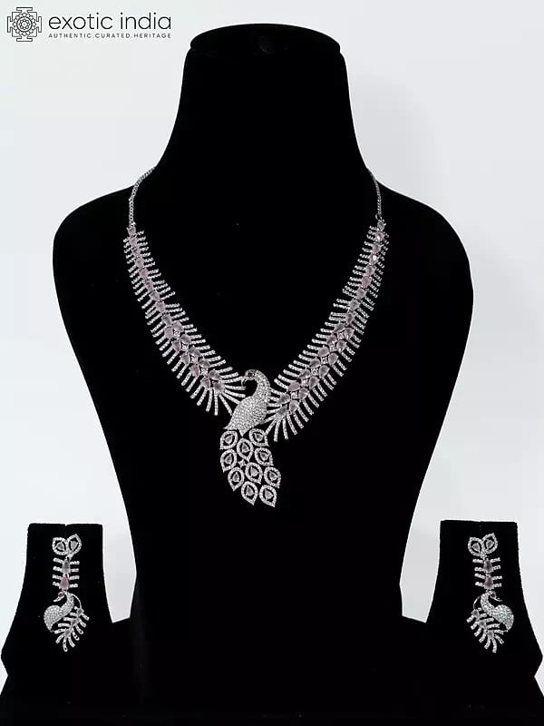 exotic india Stone Studded Peacock Design American Diamond Necklace Set With Earrings 