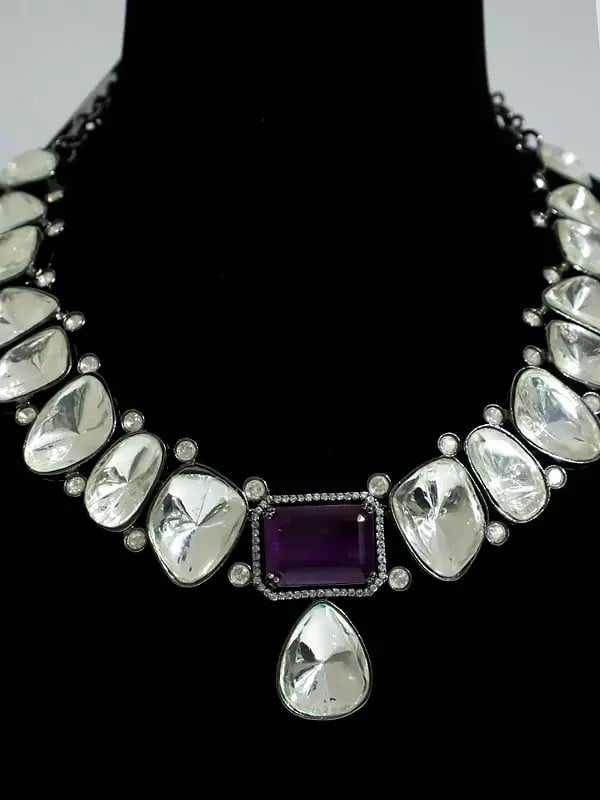 Exotic India Stone Studded Polki Copper And Kundan Necklace Set With Earrings