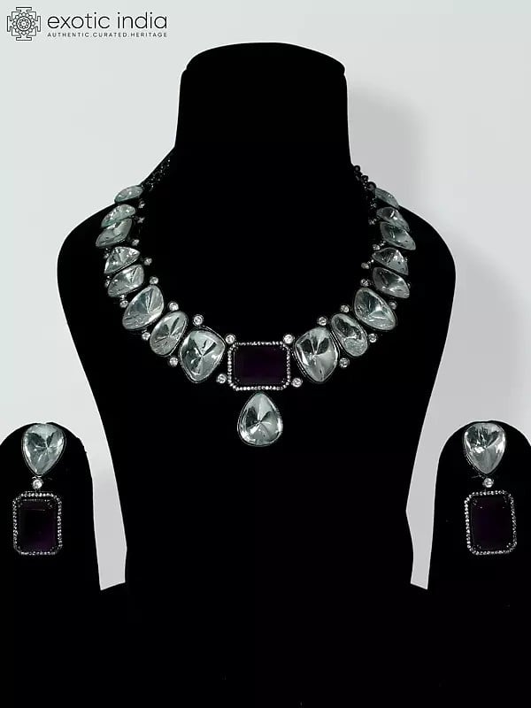 exotic india Stone Studded Polki Copper And Kundan Necklace Set With Earrings 