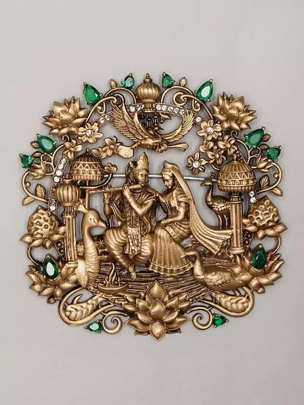 Exotic India Stone Studded Radha Krishna Brooch And Five Set Of Peacock Feather Design Buttons 