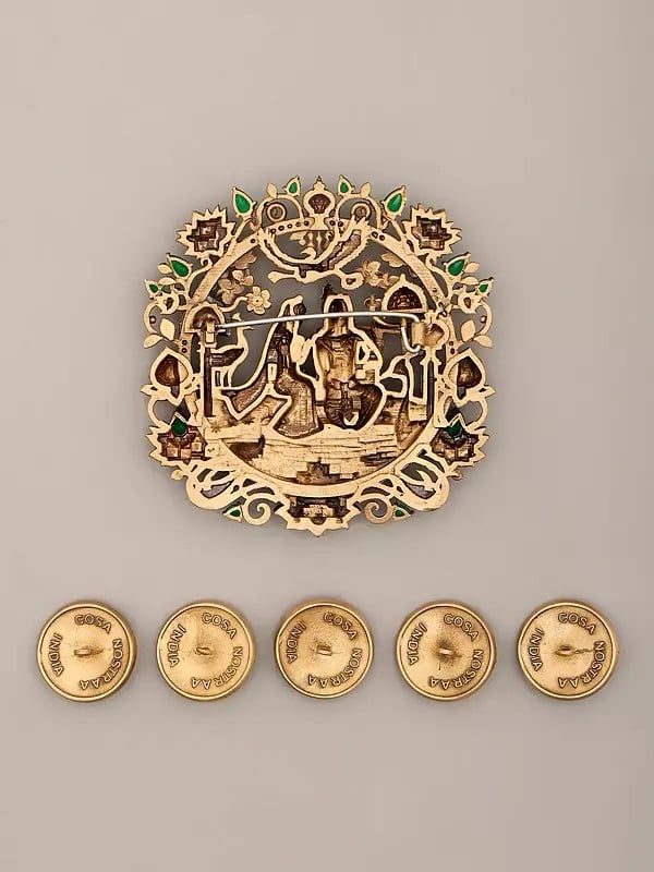Exotic India Stone Studded Radha Krishna Brooch And Five Set Of Peacock Feather Design Buttons 