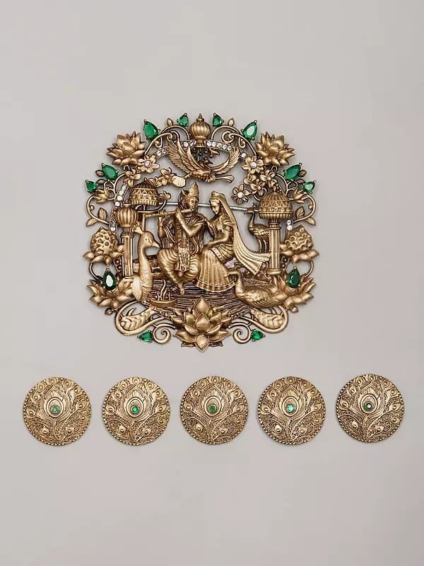 exotic india Stone Studded Radha Krishna Brooch and Five Set of Peacock Feather Design Buttons 