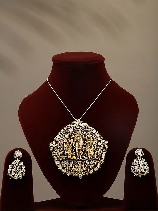 exotic india Stone Studded Ram Darbar Pendant and Earring Set