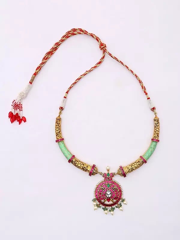 Exotic India Stone Studded Sterling Silver Hasli Floral Necklace And Earrings Set 