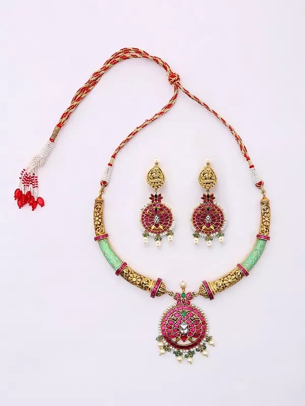 exotic india Stone Studded Sterling Silver Hasli Floral Necklace and Earrings Set 