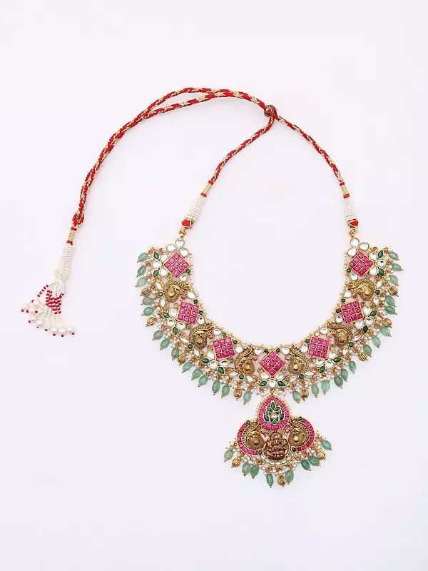 Exotic India Stone Studded Sterling Silver Necklace And Earring Set With Dangling Beads 