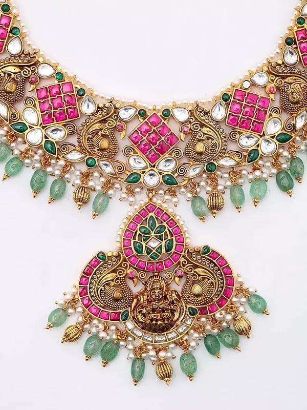 Exotic India Stone Studded Sterling Silver Necklace And Earring Set With Dangling Beads 