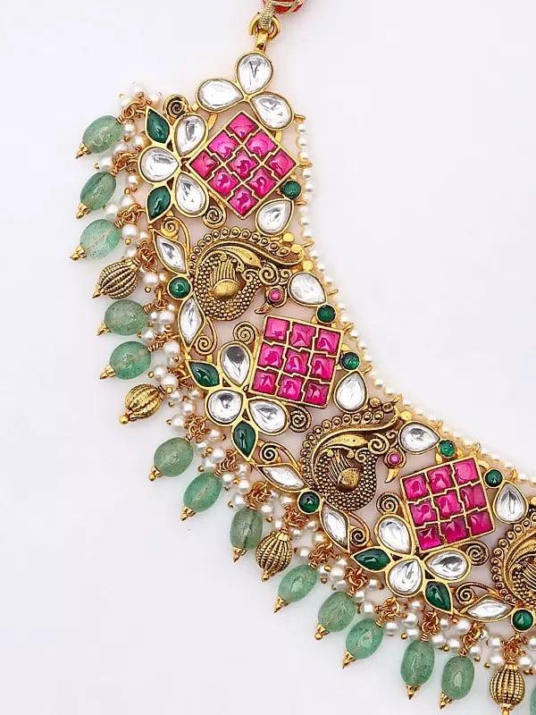 Exotic India Stone Studded Sterling Silver Necklace And Earring Set With Dangling Beads 