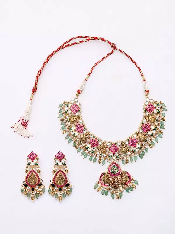 exotic india Stone Studded Sterling Silver Necklace and Earring Set with Dangling Beads 