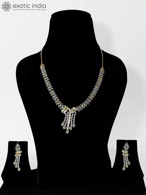 exotic india Stone Studded Unique Design Gold Polish Base American Diamond Necklace Set With Earrings 