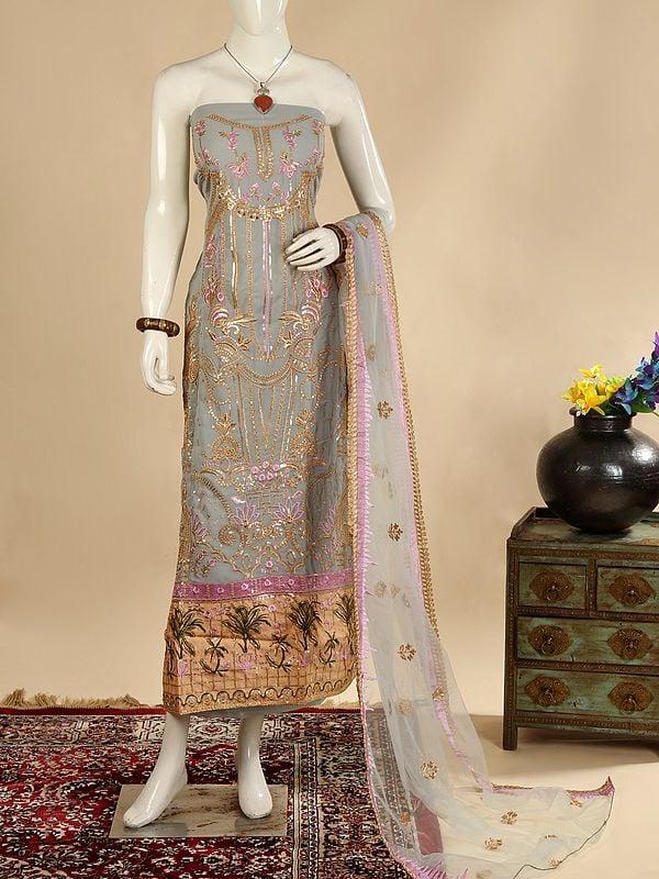 Exotic India Storm-Gray Georgette Salwar Kameez Fabric With Net Dupatta And All-Over Zari & Sequins Embroidery 