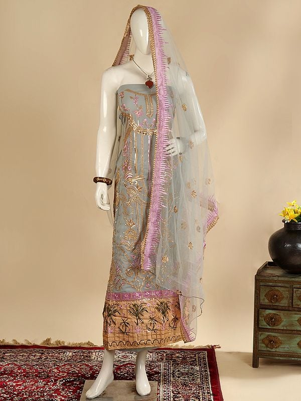Exotic India Storm-Gray Georgette Salwar Kameez Fabric With Net Dupatta And All-Over Zari & Sequins Embroidery 